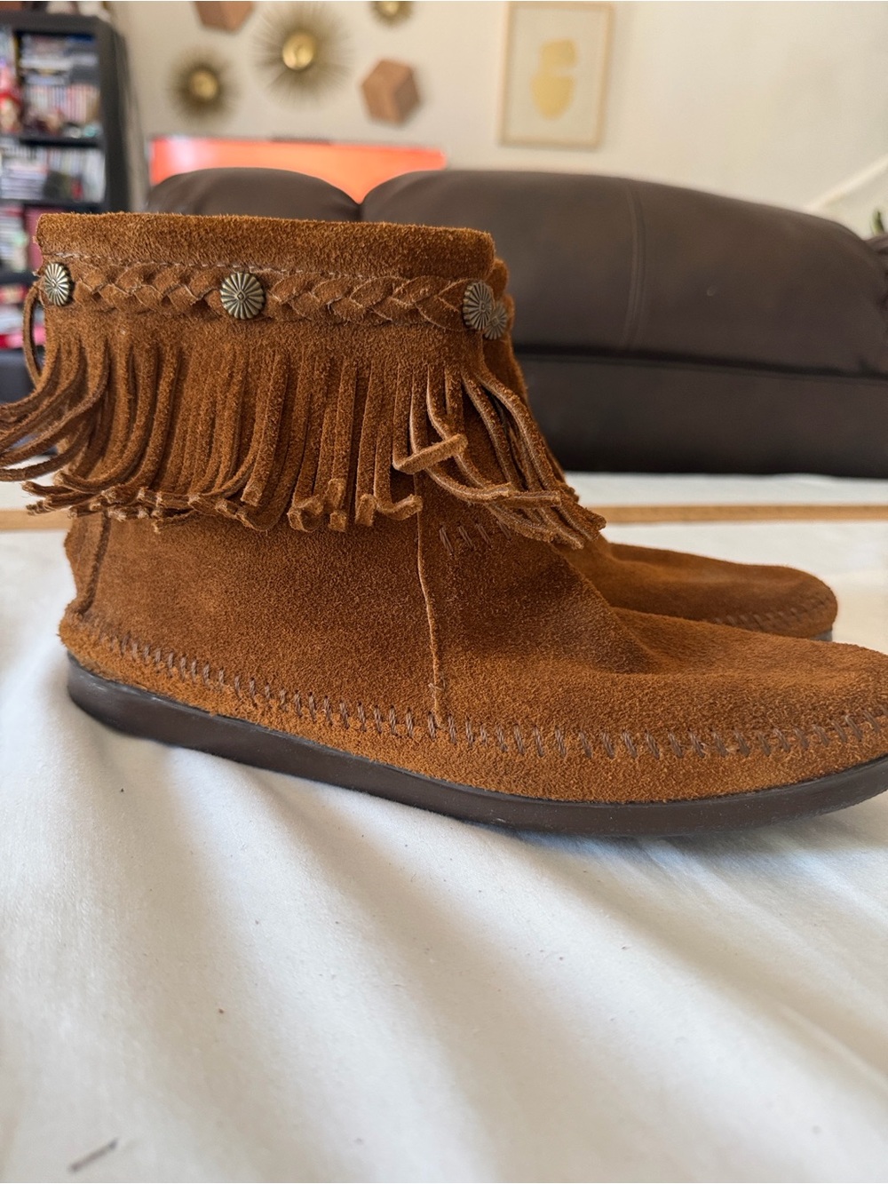Minnetonka Fringe Suede Moccasin Boots - Chestnut Brown